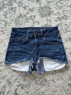 American Eagle Outfitters Dark Blue Denim High Waist Frayed Shorts